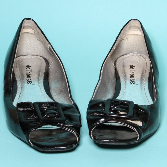 Peep Toe Bow Tie Flats Shiny Patent Black 7 - Picture 3 of 9